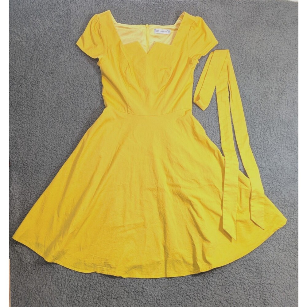 Girstunm Yellow Fit Flare Dress Womens Small Short Sleeve Tie Waist w/Pockets